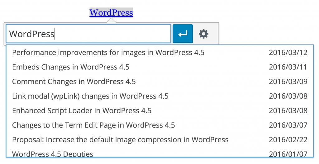WordPress inline link toolbar