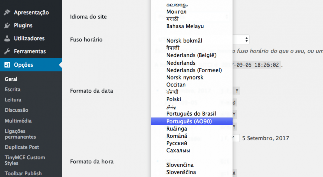 Português (AO90) nas opções do WordPress