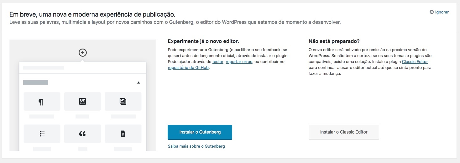 Convite para testar o Gutenberg em português